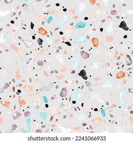 Terrazzo Texture Vector. Flooring Seamless Pattern. Floor Granite Textured. Stone, Rock, Marble Textile Background. Natural Pavement, Mosaic Template. Quartz, Pebble Tile. Design Interior Decor.