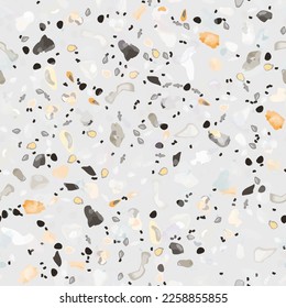 Terrazzo Texture Vector. Flooring Seamless Pattern. Floor Granite Textured. Stone, Rock, Marble Textile Background. Natural Pavement, Mosaic Template. Quartz, Pebble Tile. Design Interior Decor.