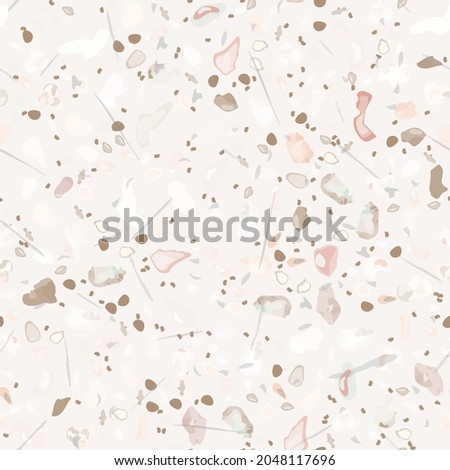 Terrazzo Texture Vector. Flooring Seamless Pattern. Floor Granite Textured. Stone, Rock, Marble Textile Background. Natural Pavement, Mosaic Template. Quartz, Pebble Tile. Design Interior Decor.