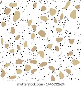 Terrazzo textured decor made by combining chips of marble, stone, recycled glass and concrete. Fashion outdoor furniture in vintage style. Seamless pattern on white background in beige colour.
