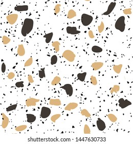 Terrazzo textured decor made by combining chips of marble, stone, recycled glass and concrete. Fashion outdoor furniture in vintage style. Seamless pattern on white background with black colour.