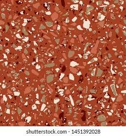 Terrazzo textured decor made by combining chips of marble chips, natural stone, quartz, recycled glass and concrete. Fashion outdoor furniture in vintage style. Seamless pattern  in brown colour.