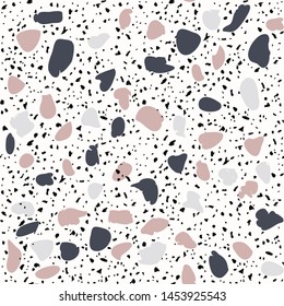 Terrazzo textured decor made by combining chips of marble chips, natural stone, quartz, recycled glass and concrete. Fashion outdoor furniture in vintage style. Seamless pattern  in black and white.