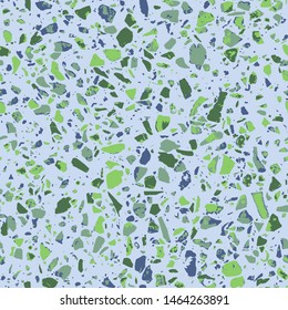 Terrazzo textured decor made by combining chips of marble chips, natural stone, quartz, recycled glass and concrete. Fashion outdoor furniture in vintage style. Seamless pattern  in blue colour.