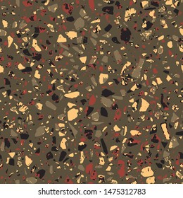 Terrazzo textured decor made by combining chips of marble chips, natural stone, quartz, recycled glass and concrete. Fashion outdoor furniture in vintage style. Seamless pattern  in brown colour.
