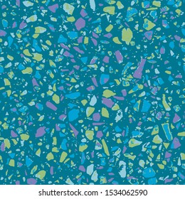 Terrazzo textured decor made by combining chips of marble chips, natural stone, quartz, recycled glass and concrete. Fashion outdoor furniture in vintage style. Seamless pattern  in blue colour.