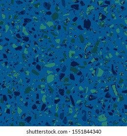 Terrazzo textured decor made by combining chips of marble chips, natural stone, quartz, recycled glass and concrete. Fashion outdoor furniture in vintage style. Seamless pattern  in blue colour.