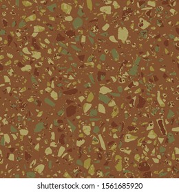 Terrazzo textured decor made by combining chips of marble chips, natural stone, quartz, recycled glass and concrete. Fashion outdoor furniture in vintage style. Seamless pattern  in brown colour.