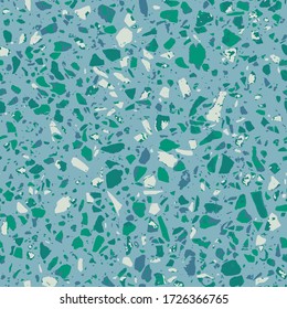Terrazzo textured decor made by combining chips of marble chips, natural stone, quartz, recycled glass and concrete. Fashion outdoor furniture in vintage style. Seamless pattern  in blue colour.