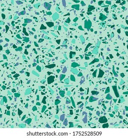 Terrazzo textured decor made by combining chips of marble chips, natural stone, quartz, recycled glass and concrete. Fashion outdoor furniture in vintage style. Seamless pattern  in cyan colour.