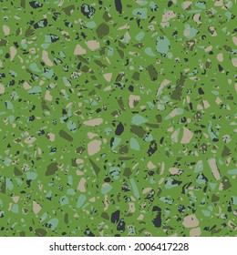 Terrazzo textured decor made by combining chips of marble chips, natural stone, quartz, recycled glass and concrete. Fashion outdoor furniture in vintage style. Seamless pattern  in green colour.