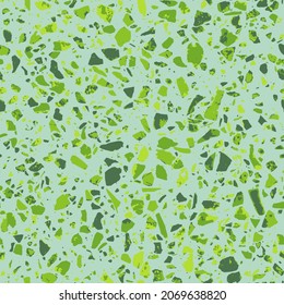 Terrazzo textured decor made by combining chips of marble chips, natural stone, quartz, recycled glass and concrete. Fashion outdoor furniture in vintage style. Seamless pattern  in green colour.