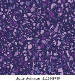 Terrazzo textured decor made by combining chips of marble chips, natural stone, quartz, recycled glass and concrete. Fashion outdoor furniture in vintage style. Seamless pattern  in purple colors.