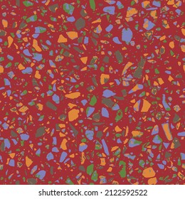 Terrazzo textured decor made by combining chips of marble chips, natural stone, quartz, recycled glass and concrete. Fashion outdoor furniture in vintage style. Seamless pattern  in red colors.