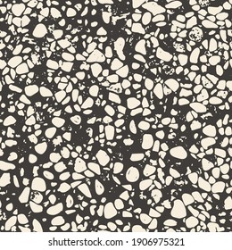 Terrazzo Textured Floor Tile Background. Seamless Vector Repeat Backdrop. Design With Irregular Inclusions On Grey Background. Close Up, All Over Repeat. Interior Design, Home Decor, Interiors. Vector