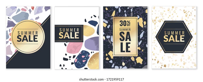 Terrazzo textures vertical discount posters with  and gold frames and lettering set. Vector illustration