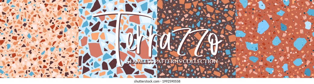 Terrazzo tile floor texture seamless patterns collection, vector abstract background with chaotic mosaic pieces, composed of natural stone, marble, glass and concrete imitations.