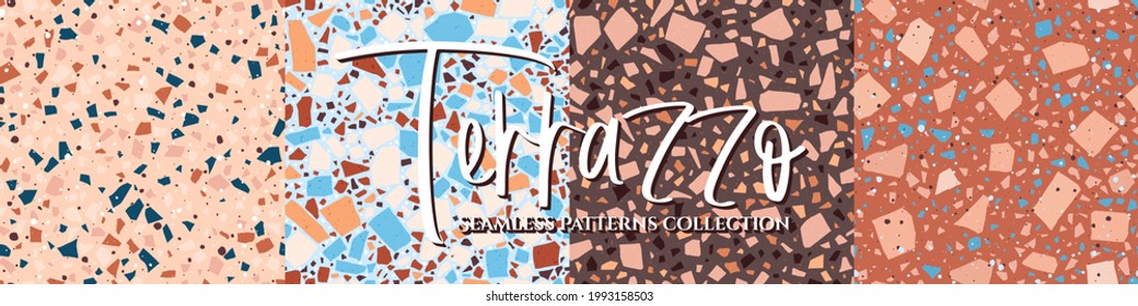 Terrazzo tile floor texture seamless patterns collection, vector abstract background with chaotic mosaic pieces, composed of natural stone, marble, glass and concrete imitations.