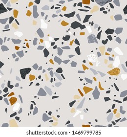 Terrazzo vector seamless pattern. Abstract background with polished stone, marble, glass, granite and natural minerals in gray, sand, ashen and gold colors