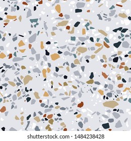 Terrazzo vector seamless pattern. Abstract background with polished stone, marble, glass, granite and natural minerals in gray colors