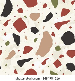 Terrazzo vector seamless pattern. Abstract colorful rock pieces, natural stone surface, modern artwork on pastel background. Stylish illustration for wrapping paper, wallpaper textile design.