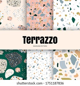 Terrazzo vector seamless pattern in modern, trend colors. Set of colored stone flooring illustration, marble floor texture background for for interior, fabrics, wallpaper and packaging design