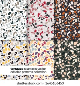 Terrazzo vector seamless patterns collection. Easy to use, tile-able and editable trendy modern design for packaging, wedding invites, textiles, branding, stationary, art prints