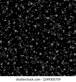 Patrón veneciano de Terrazzo. Textura de granito de pared mosaico. Diseño italiano Seamless Marble. Material del mosaico negro de Terrazzo. Fondo negro del vector gris. Resumen blanco Arte irregular. Impresión abstracta del suelo