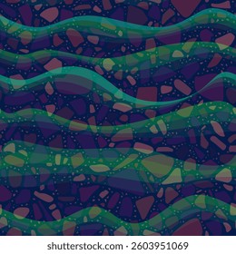 Terrazzo and waves, colorful seamless pattern in purple, green and brown colors. Unusual ceramic tiles.