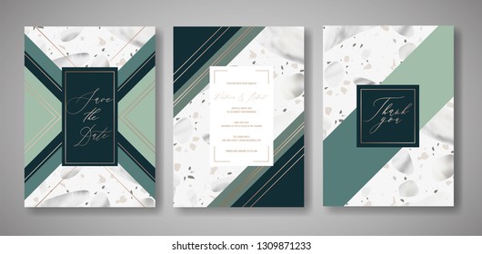 Terrazzo Wedding Invitation Card Set. Luxury Geometric Design Template for Greetings, Banner, Poster with Marble Texture. Save the Date, RSVP. Vector illustration