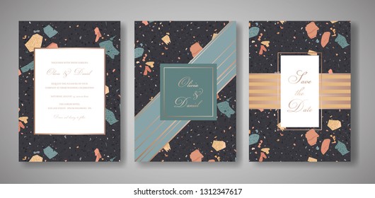 Terrazzo Wedding Invitation Card Set. Luxury Geometric Abstract Vintage Design Template for Greetings, Banner, Poster with Marble Texture. Save the Date, RSVP. Vector illustration