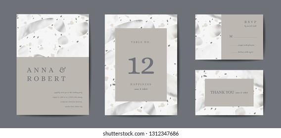 Terrazzo Wedding Invitation Card Set. Luxury Geometric Abstract Design Template for Greetings, Banner, Poster with Marble Texture. Save the Date, RSVP. Vector illustration