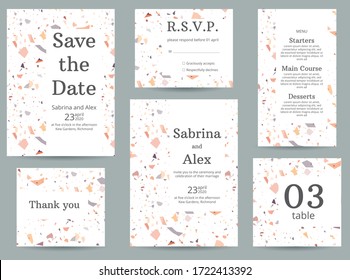 Terrazzo wedding invitation. Set with invitation, Save the date, Thank you card, RSVP, menu and table number on peach terrazzo background. Wedding set