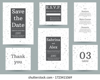 Invitación a la boda de Terrazzo. Establecer con invitación, Guardar la fecha, Gracias tarjeta, RSVP, menú y número de tabla en fondo gris de terrazo. Conjunto de bodas