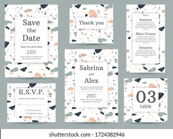 Terrazzo wedding invitation. Set with invitation, Save the date, Thank you card, RSVP, menu and table number on peach and green terrazzo background. Wedding set