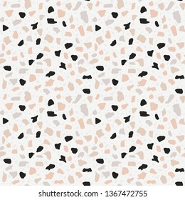 Terrazzo white flooring seamless pattern. Vector stone, marble texture, modern surface. Abstract background