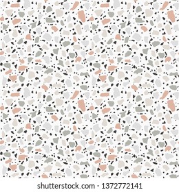 Terrazzo white flooring seamless pattern. Vector stone, marble texture, modern surface. Abstract background