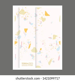 Terrazzo yellow poster seamless pattern design. Abstract background pastel color wallpaper vector.