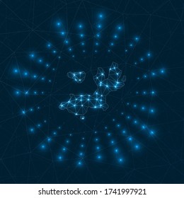 Mapa digital de la isla Terre-de-Haut. Rayos brillantes irradiando desde la isla. Conexiones de red y diseño de telecomunicaciones. Ilustración vectorial.