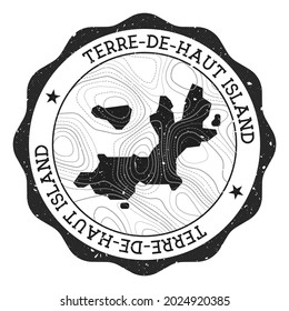 Terre-de-Haut Island outdoor stamp. Round sticker with map of island with topographic isolines. Vector illustration.