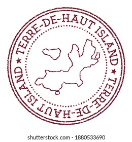Terre-de-Haut Island round rubber stamp with island map. Vintage red passport stamp with circular text and stars, vector illustration.