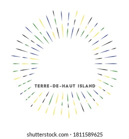 Terre-de-Haut Island sunburst badge. The island sign with map and Guadeloupian flag. Colorful rays around the logo. Vector illustration.