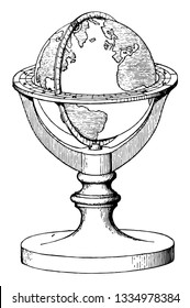 Terrestrial Globe eine künstliche Kugel, Oberflächendarstellung der Erde, Sozialstudien, Vintage-Linie Zeichnung oder Gravitation Illustration.