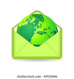 Terrestrial globe inside green envelope over white