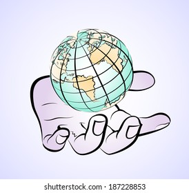 The terrestrial globe over a palm of a hand of the person.