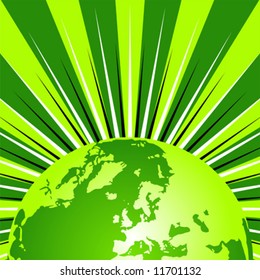 Terrestrial globe over starry green and white background