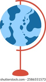 Terrestrial globe showing stylized continents and oceans rotating on a red stand, representing global awareness, geography education, and international exploration