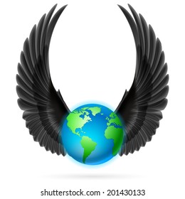 Terrestrial globe with two black wings up on white background.