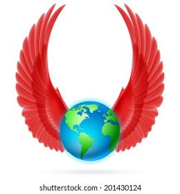 Terrestrial globe with two red wings up on white background.