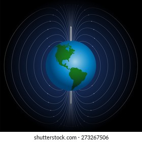 Terrestrisches Magnetfeld um den Planeten Erde. Vektorgrafik auf blauem bis schwarzem Farbverlauf-Hintergrund.